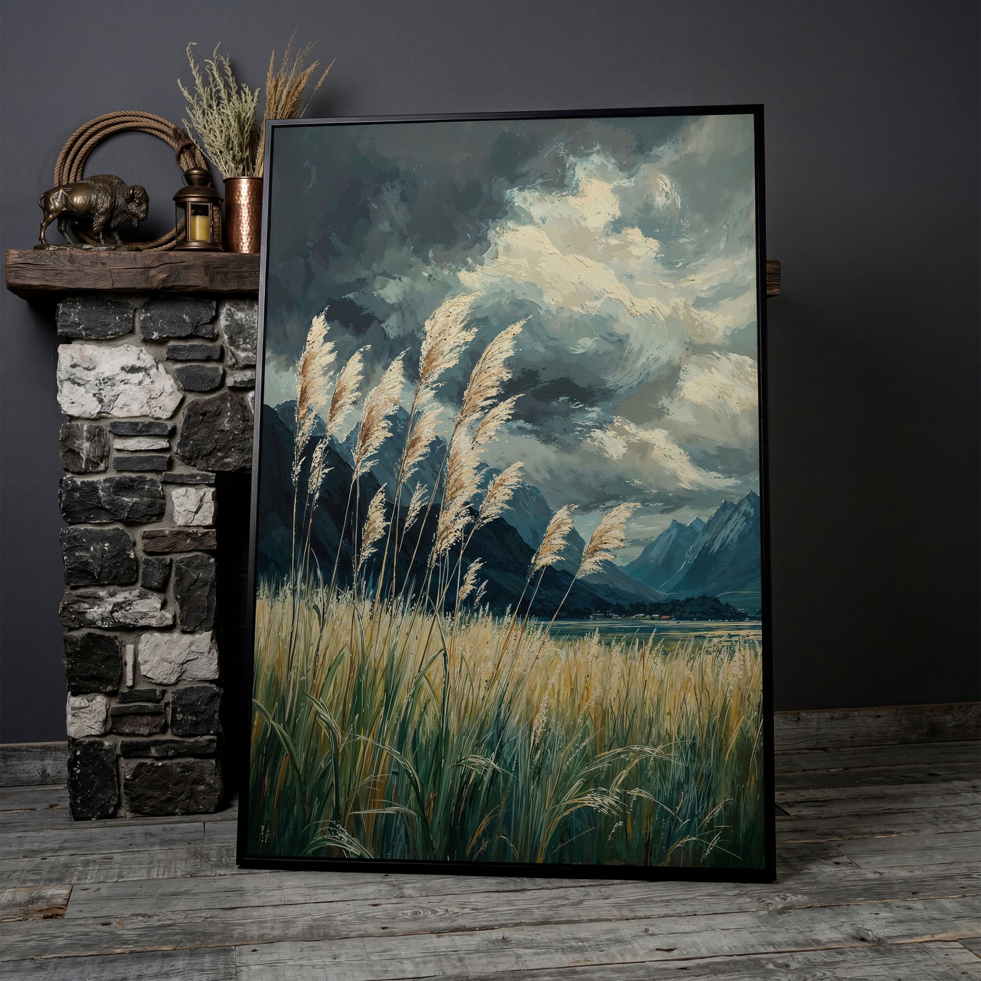 Mountain Wilderness Sky Canvas in Slate Blue & Wheat in black floating frame