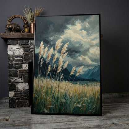 Mountain Wilderness Sky Canvas in Slate Blue & Wheat in black floating frame