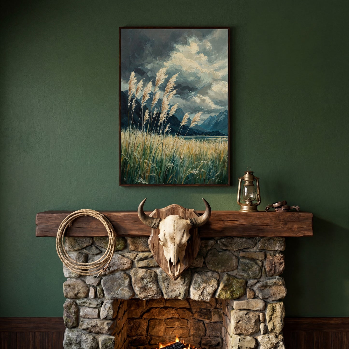 Mountain Wilderness Sky Canvas in Slate Blue & Wheat in dark walnut floating frame