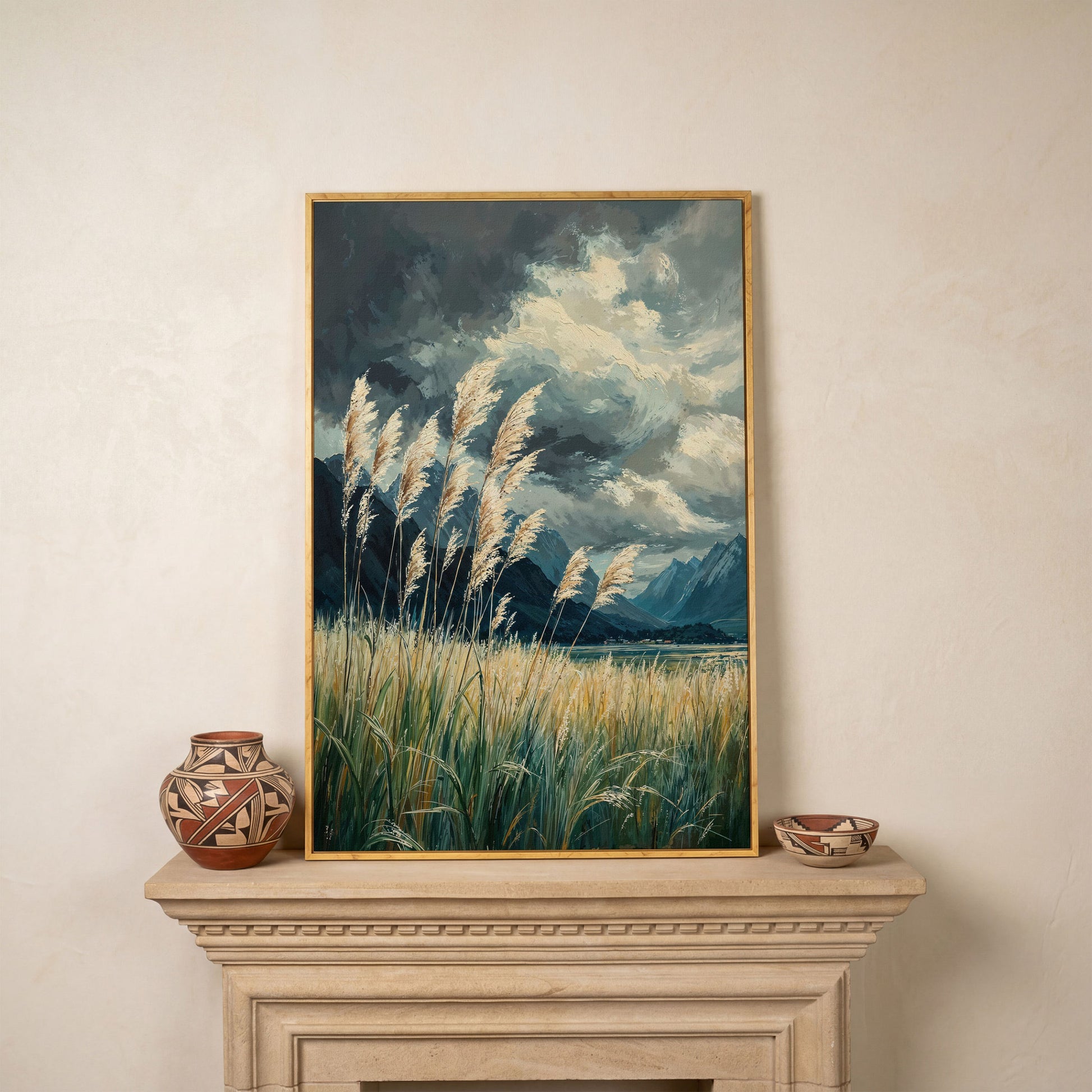 Mountain Wilderness Sky Canvas in Slate Blue & Wheat in white oak floating frame