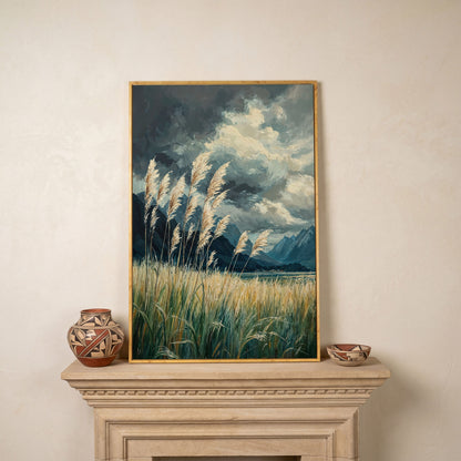 Mountain Wilderness Sky Canvas in Slate Blue & Wheat in white oak floating frame