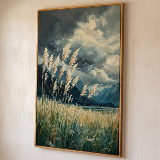 Mountain Wilderness Sky Canvas in Slate Blue & Wheat shown in white oak floating frame