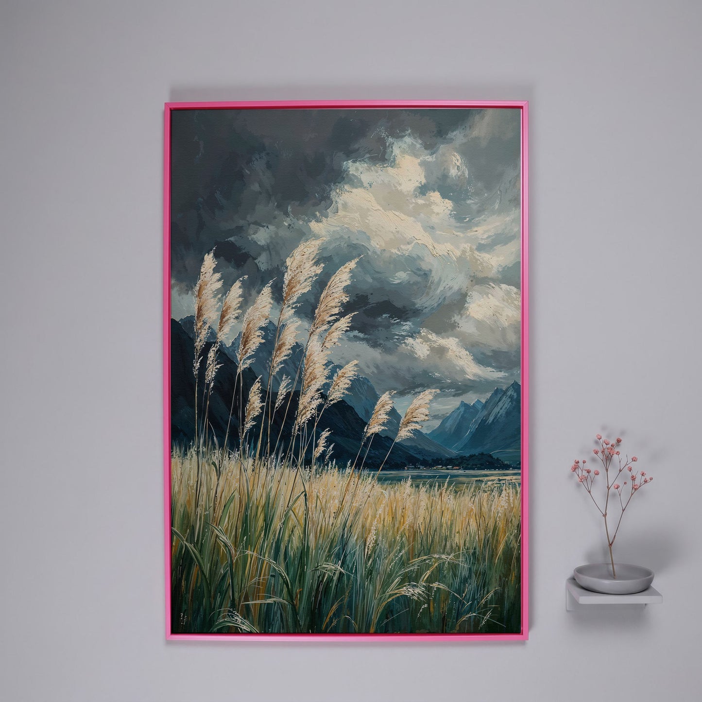 Mountain Wilderness Sky Canvas in Slate Blue & Wheat in pink floating frame