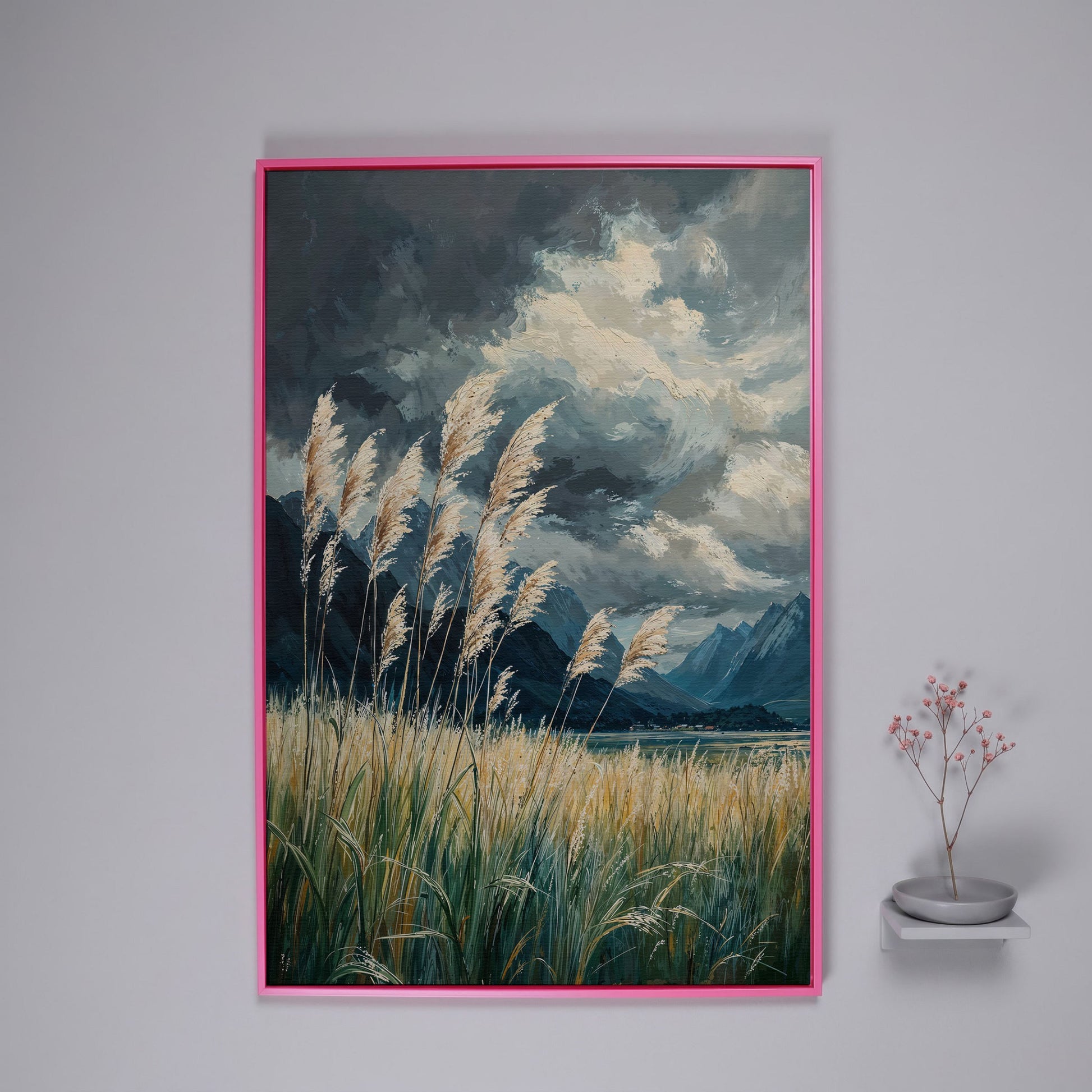 Mountain Wilderness Sky Canvas in Slate Blue & Wheat in pink floating frame