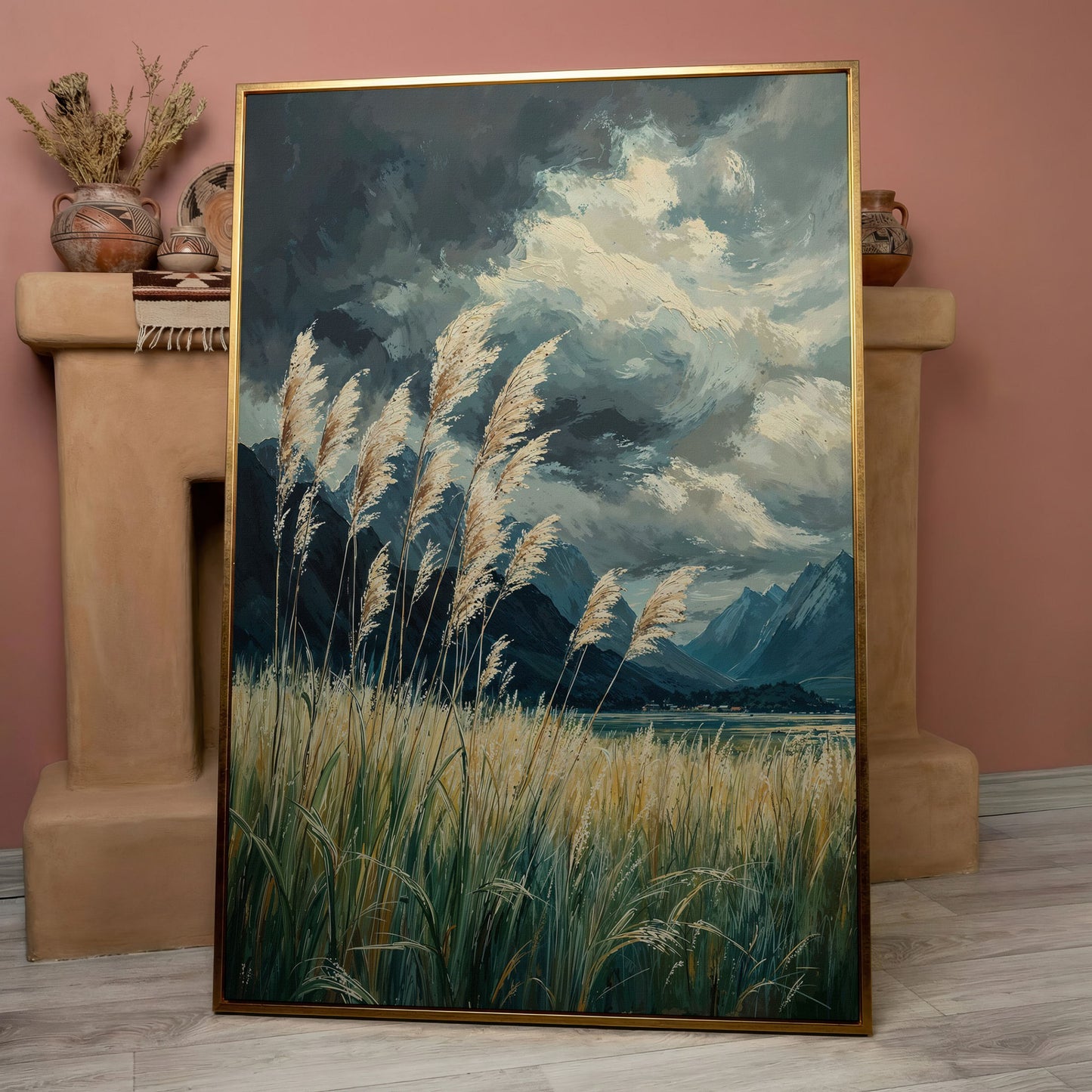 Mountain Wilderness Sky Canvas in Slate Blue & Wheat in rose gold floating frame