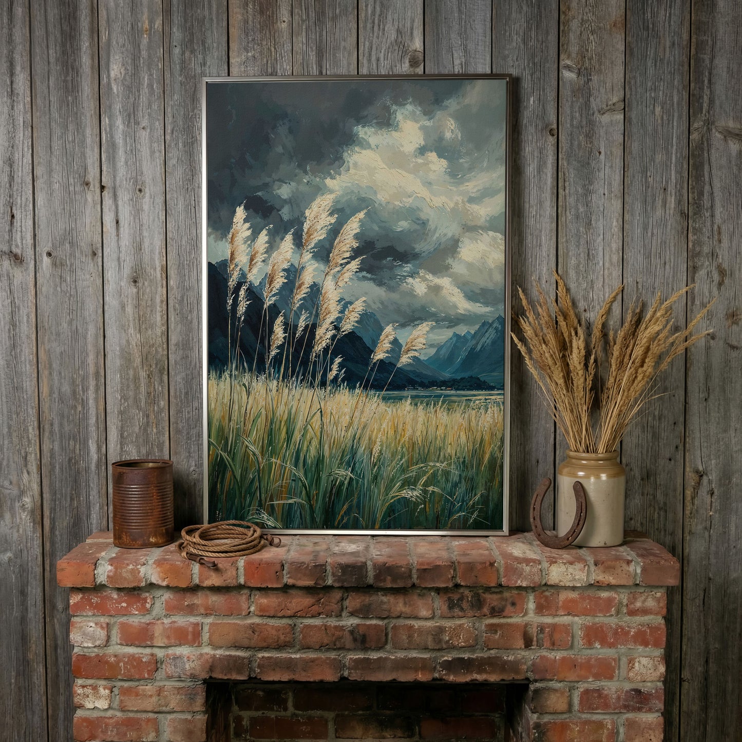 Mountain Wilderness Sky Canvas in Slate Blue & Wheat in silver floating frame