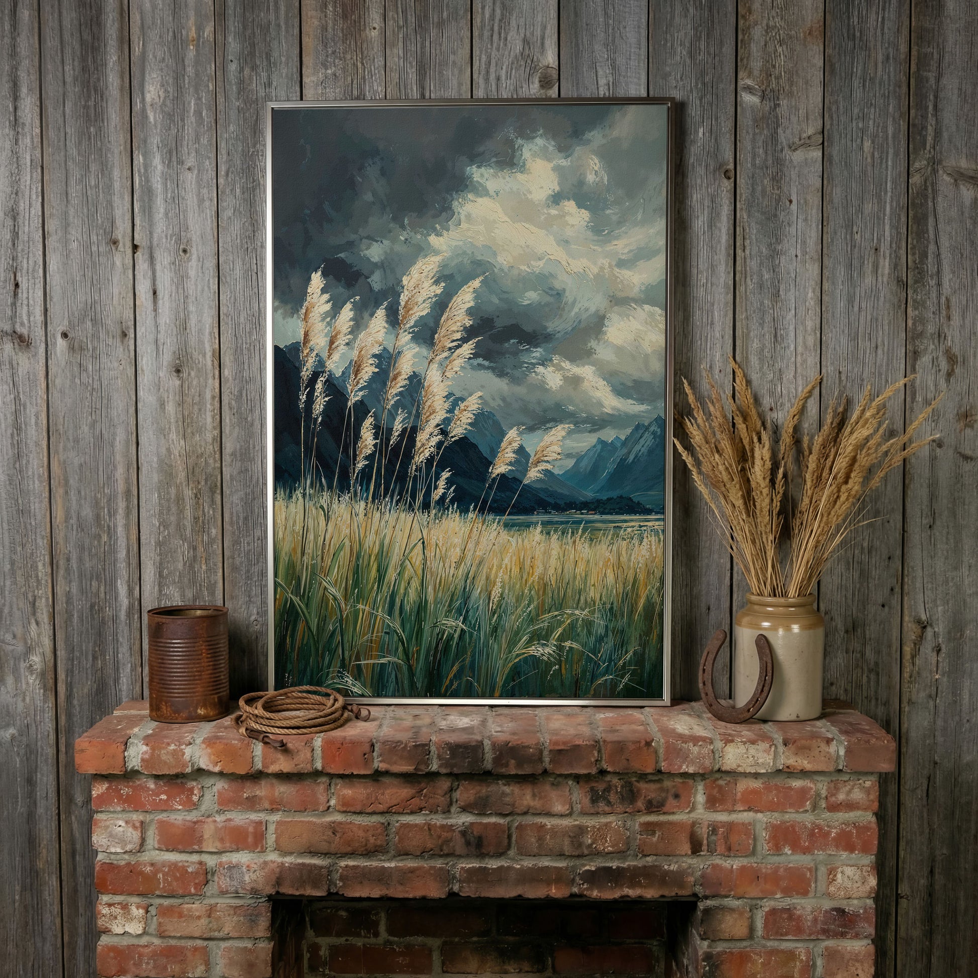 Mountain Wilderness Sky Canvas in Slate Blue & Wheat in silver floating frame