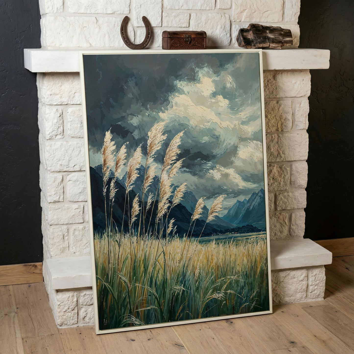 Mountain Wilderness Sky Canvas in Slate Blue & Wheat in white floating frame