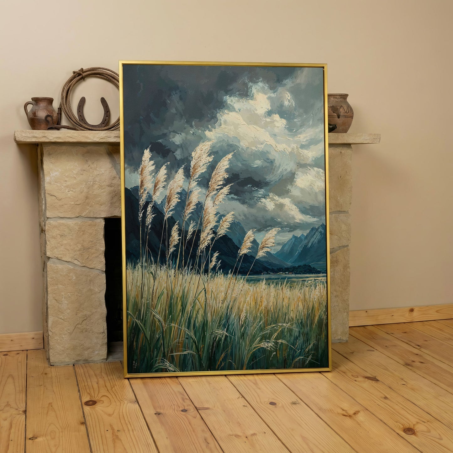 Mountain Wilderness Sky Canvas in Slate Blue & Wheat in yellow gold floating frame