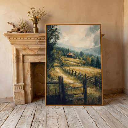 Rustic Cabin in Autumn Mist Canvas in antique gold floating frame