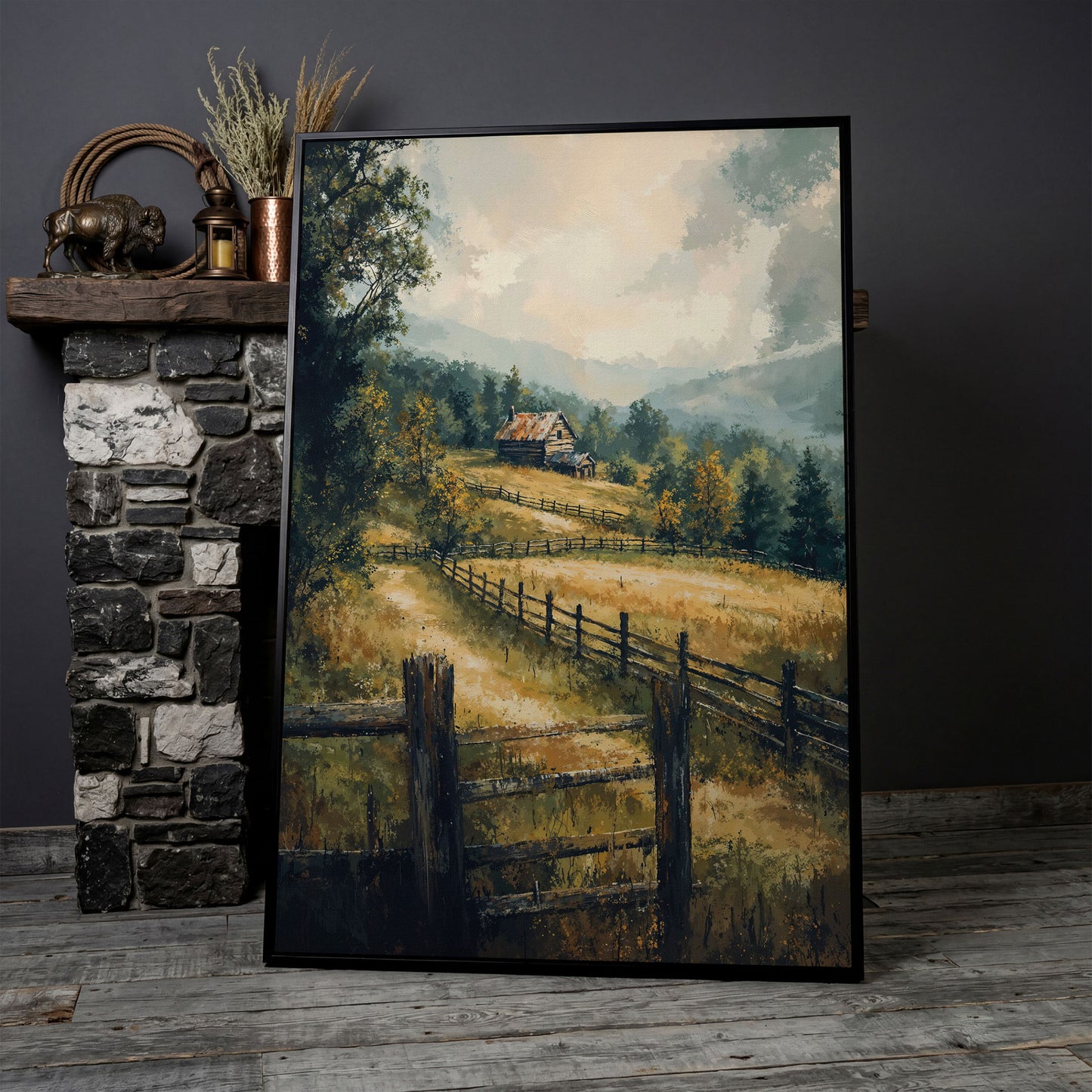Rustic Cabin in Autumn Mist Canvas in black floating frame