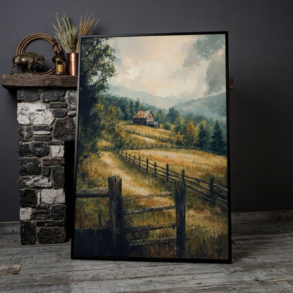 Rustic Cabin in Autumn Mist Canvas in black floating frame