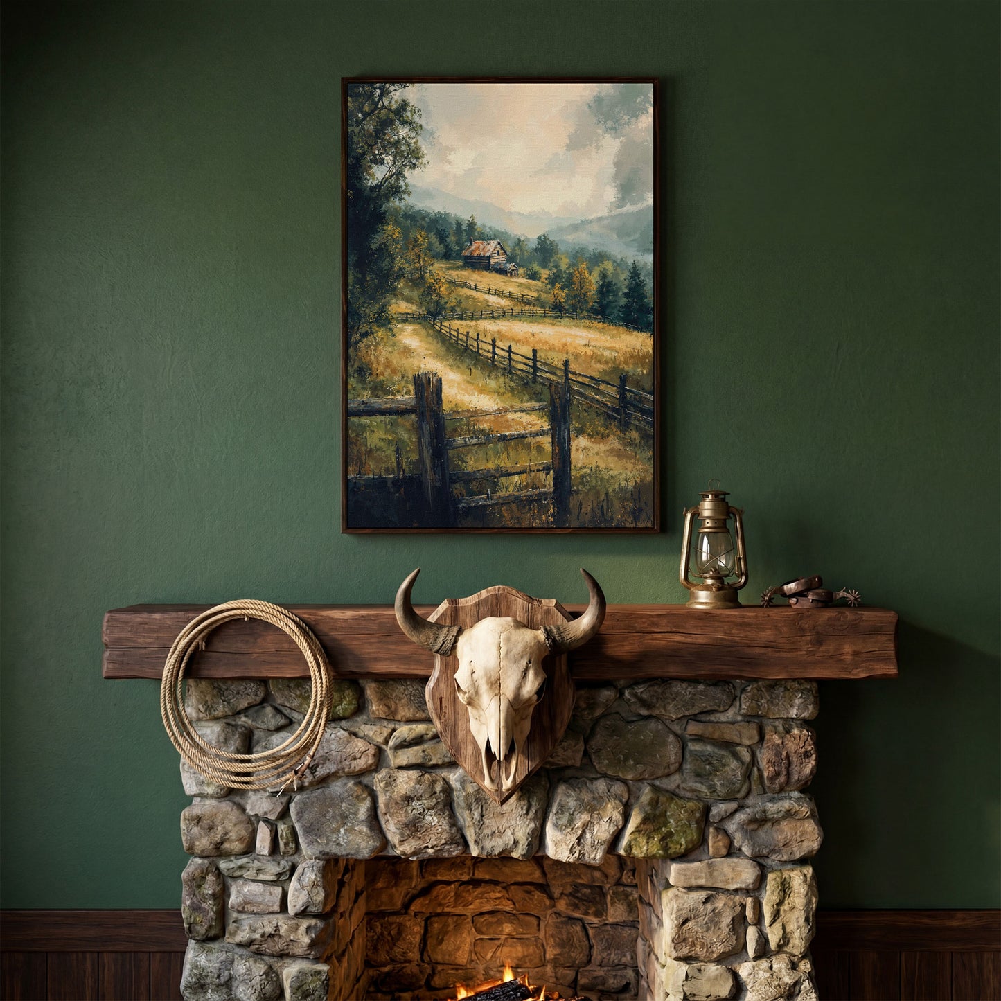 Rustic Cabin in Autumn Mist Canvas in dark walnut floating frame