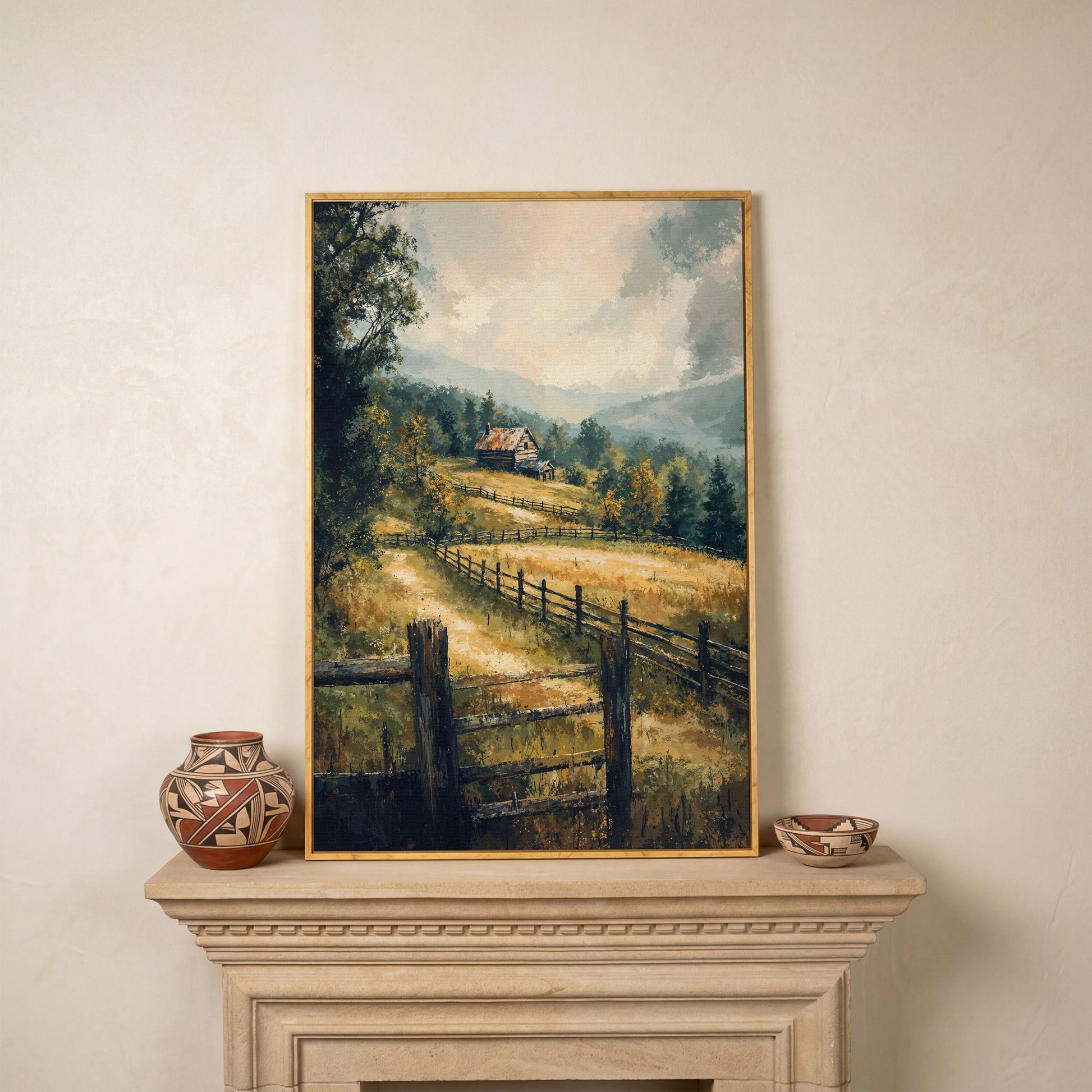 Rustic Cabin in Autumn Mist Canvas in white oak floating frame