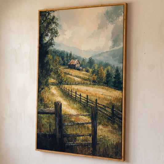 Rustic Cabin in Autumn Mist Canvas shown in white oak floating frame