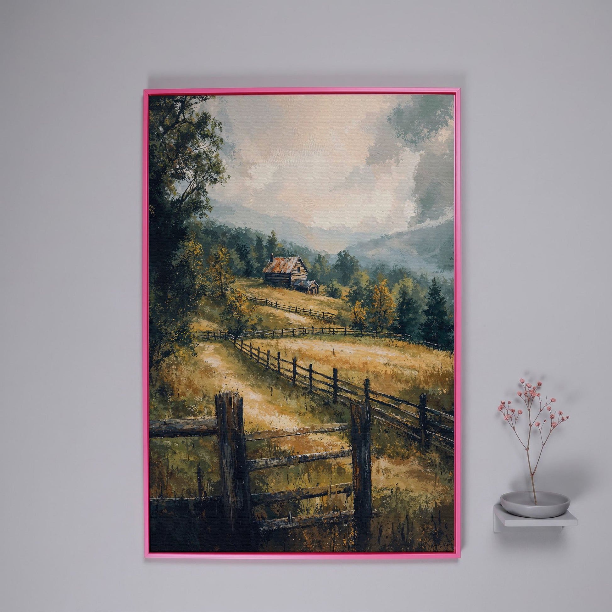 Rustic Cabin in Autumn Mist Canvas in pink floating frame