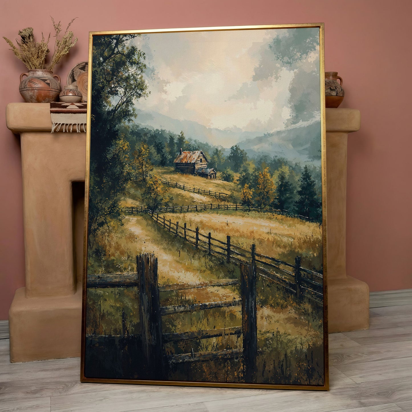 Rustic Cabin in Autumn Mist Canvas in rose gold floating frame
