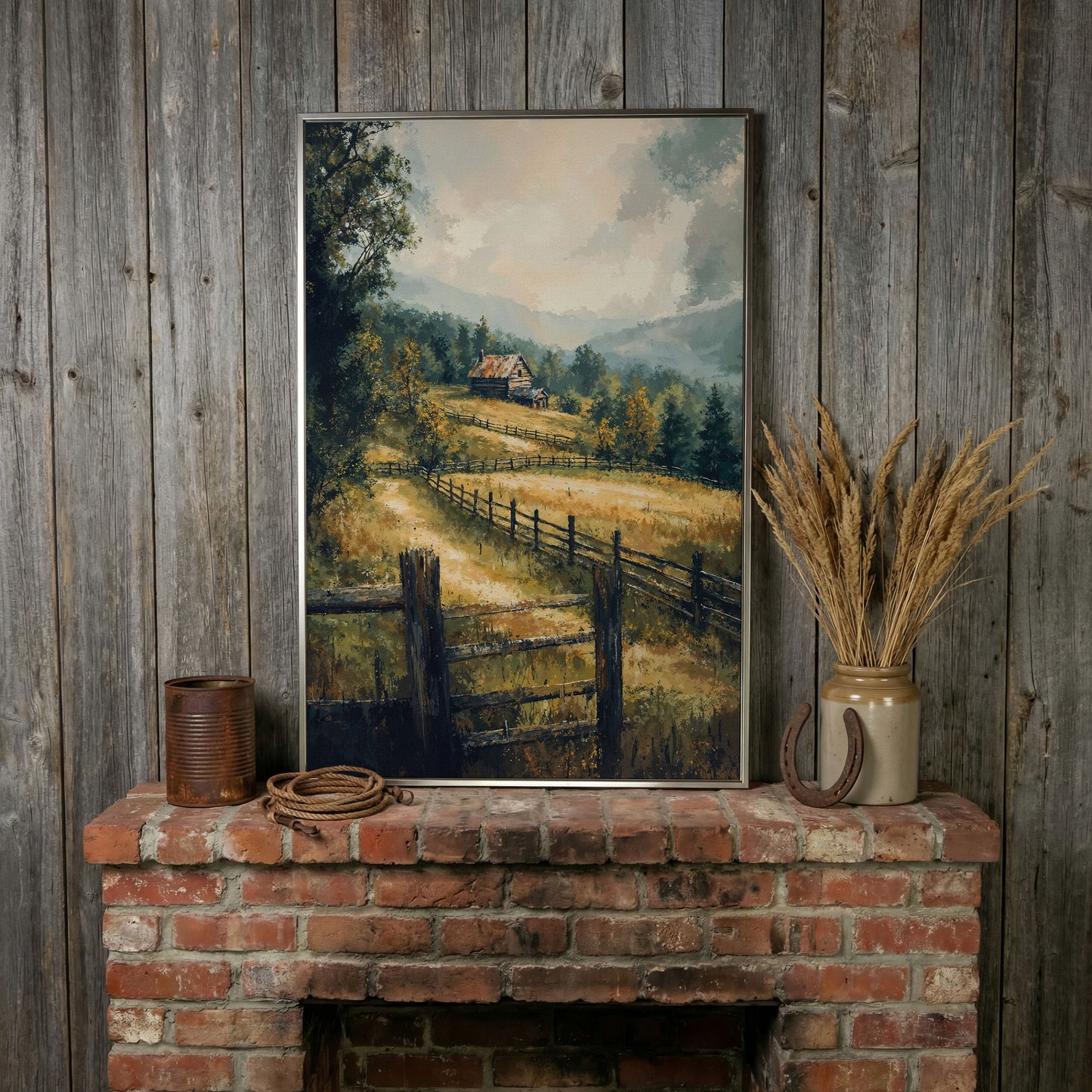 Rustic Cabin in Autumn Mist Canvas in silver floating frame