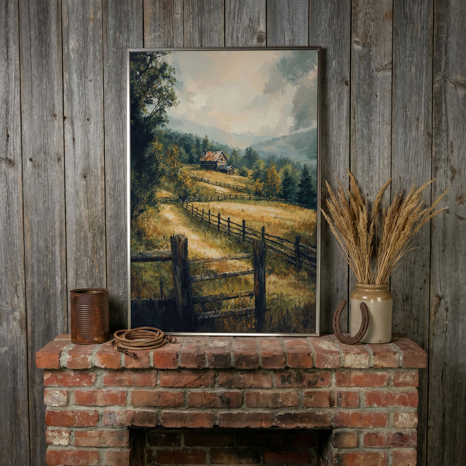Rustic Cabin in Autumn Mist Canvas in silver floating frame