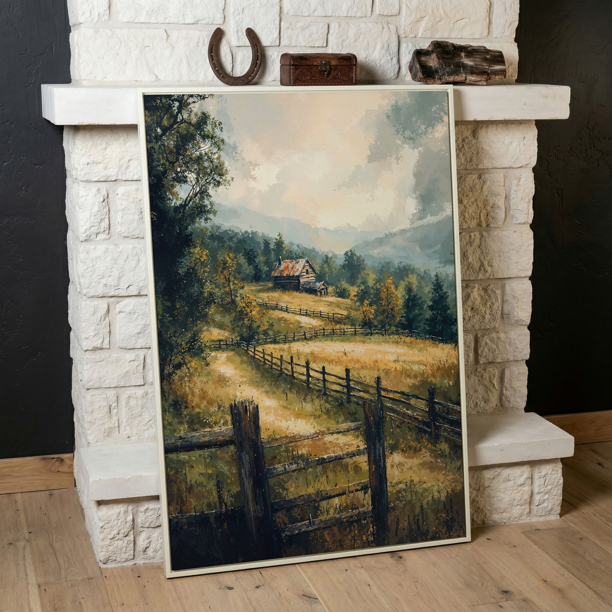 Rustic Cabin in Autumn Mist Canvas in white floating frame