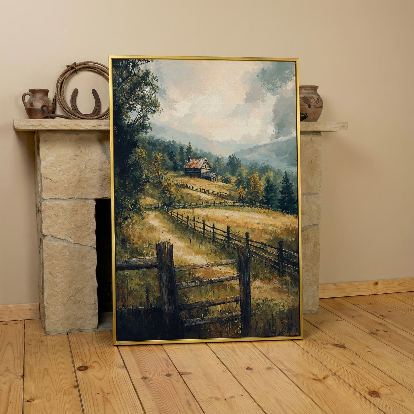 Rustic Cabin in Autumn Mist Canvas in yellow gold floating frame
