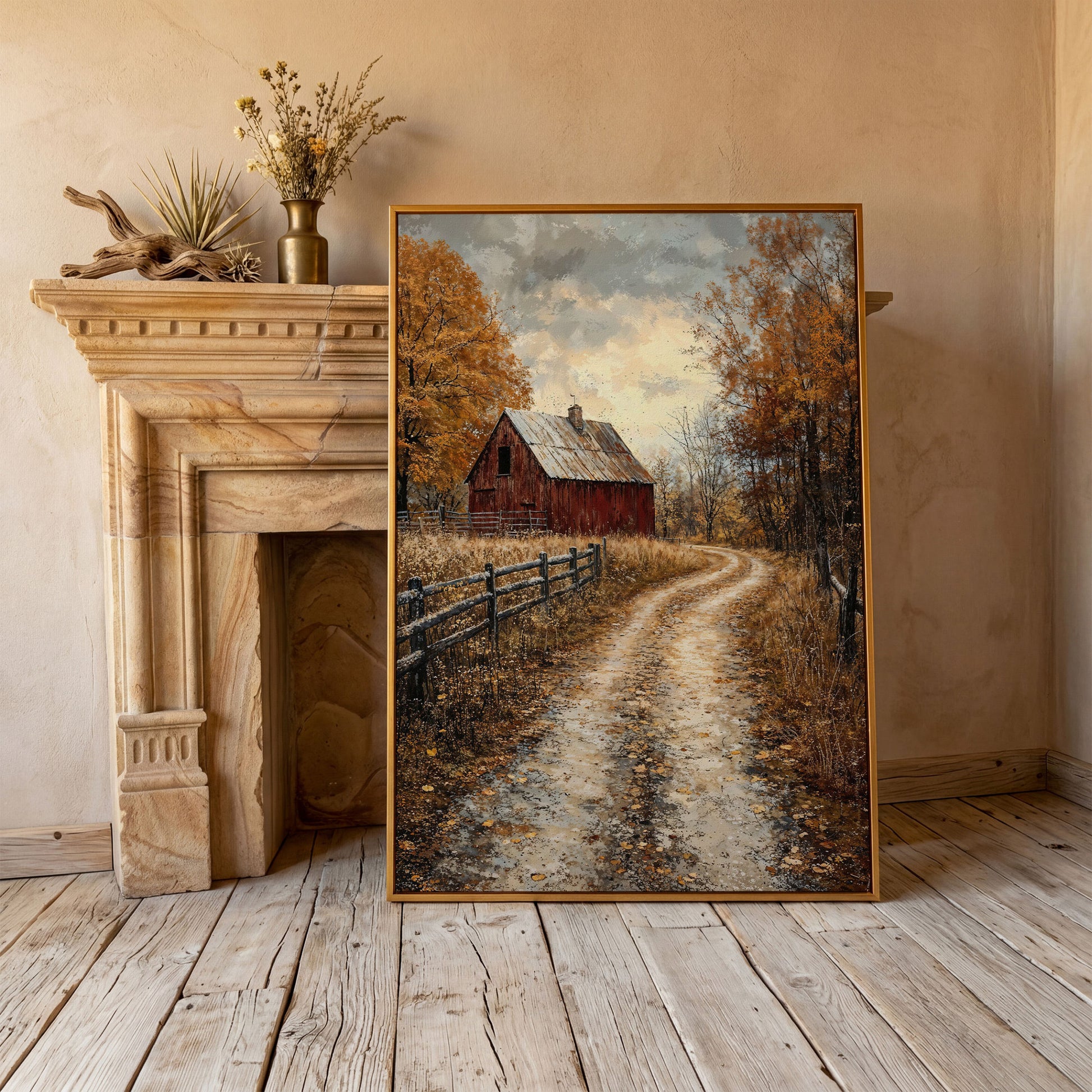Red Barn and Pathway Canvas Print in Burnt Sienna in antique gold floating frame