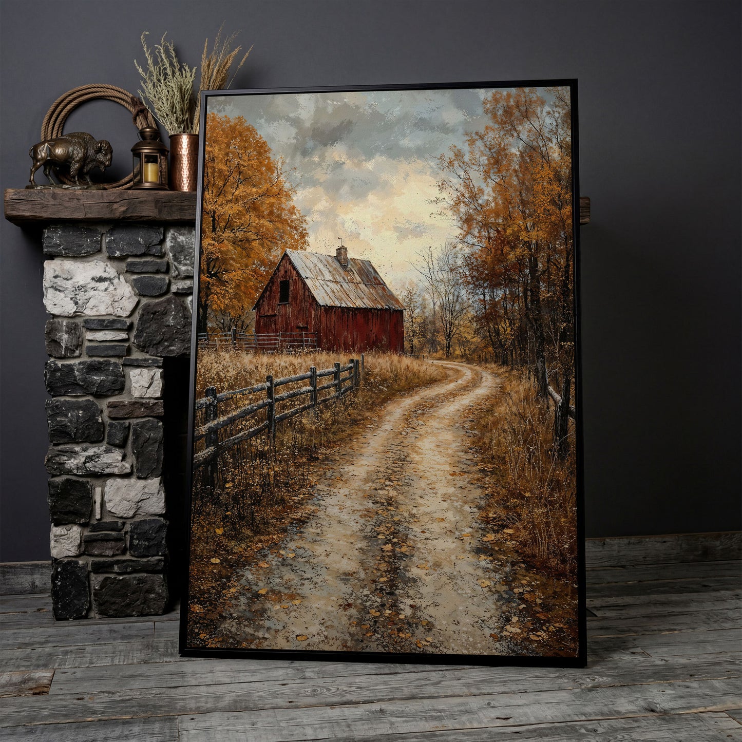Red Barn and Pathway Canvas Print in Burnt Sienna in black floating frame