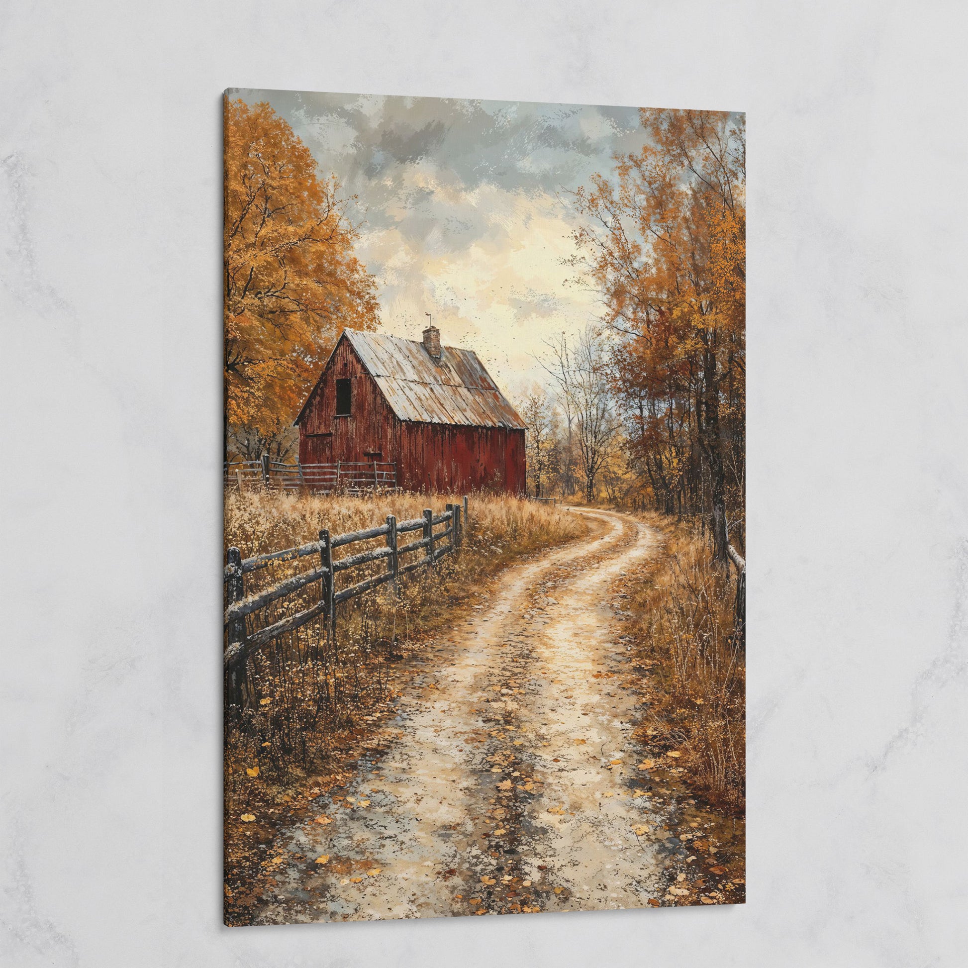 Red Barn and Pathway Canvas Print in Burnt Sienna on gallery wrap