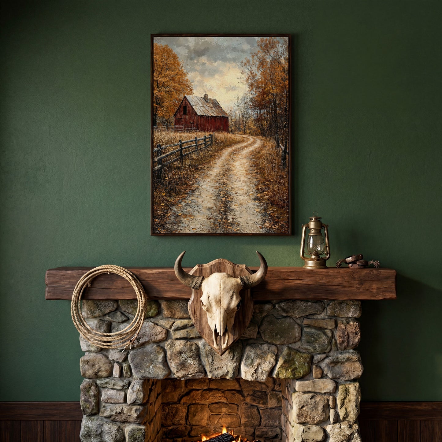 Red Barn and Pathway Canvas Print in Burnt Sienna in dark walnut floating frame