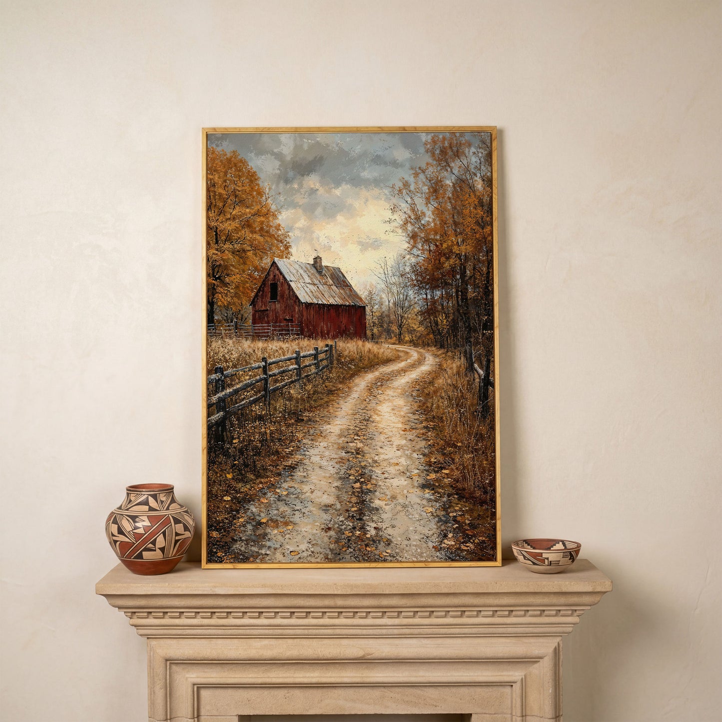 Red Barn and Pathway Canvas Print in Burnt Sienna in white oak floating frame