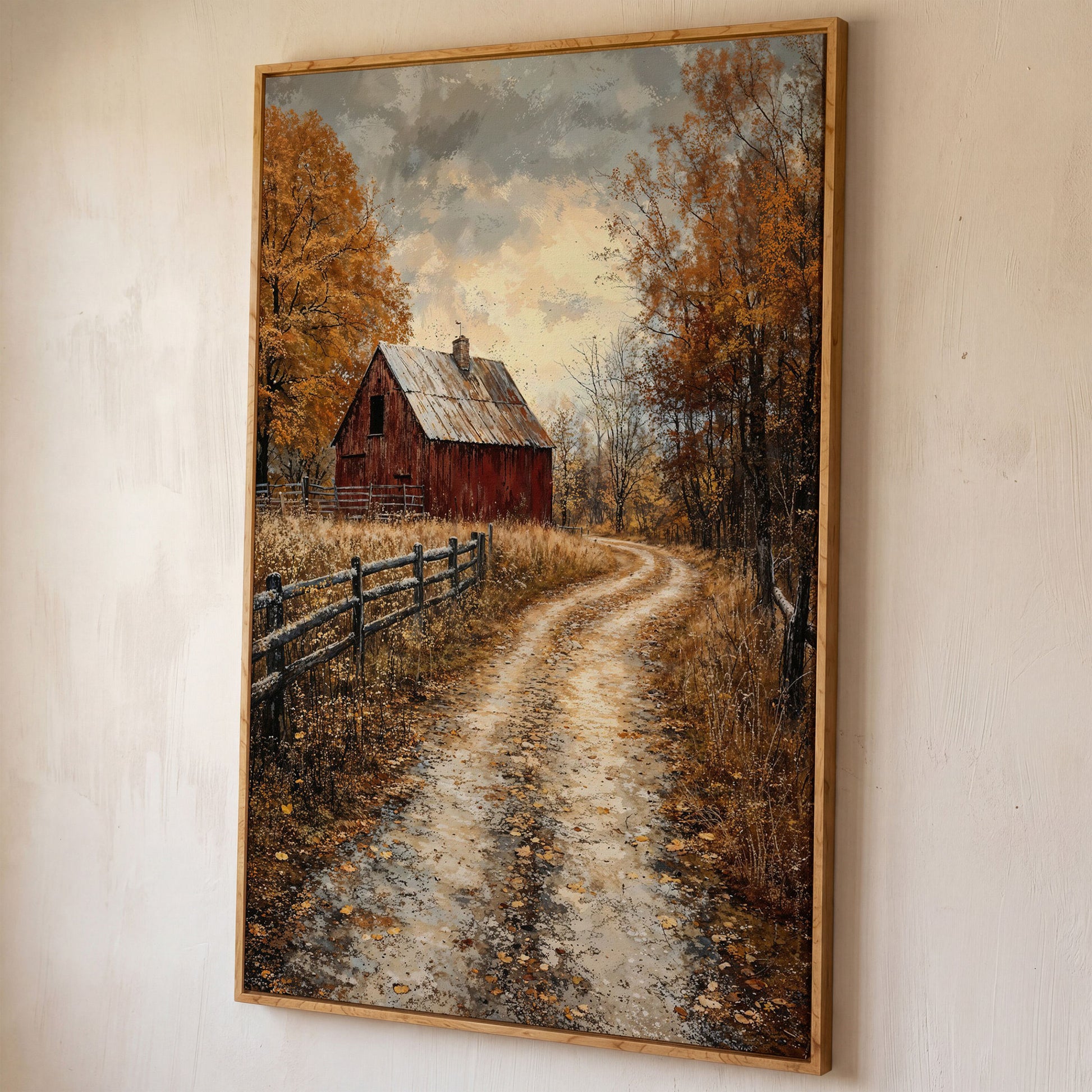 Red Barn and Pathway Canvas Print in Burnt Sienna shown in white oak floating frame