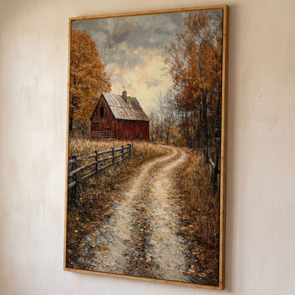 Red Barn and Pathway Canvas Print in Burnt Sienna shown in white oak floating frame