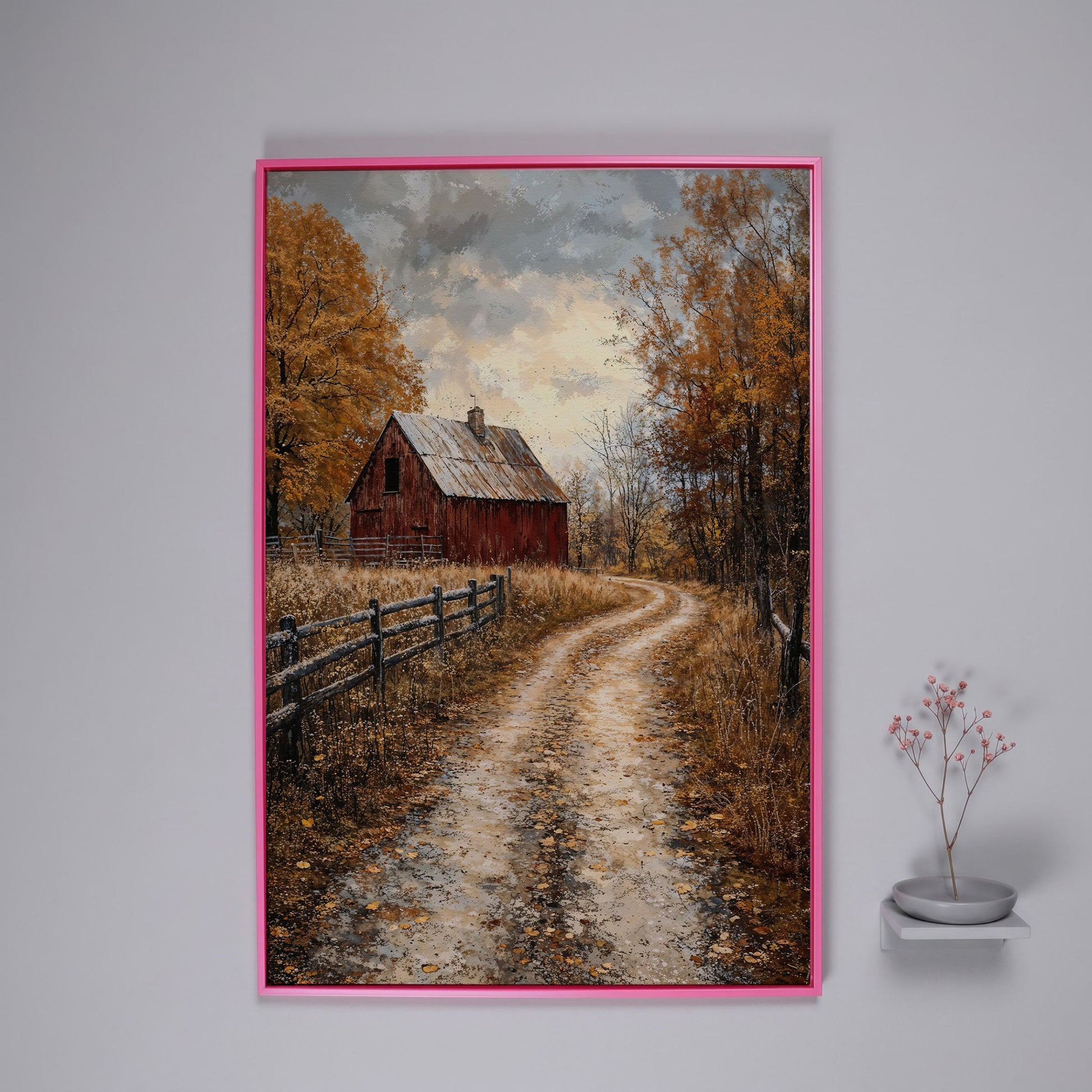 Red Barn and Pathway Canvas Print in Burnt Sienna in pink floating frame