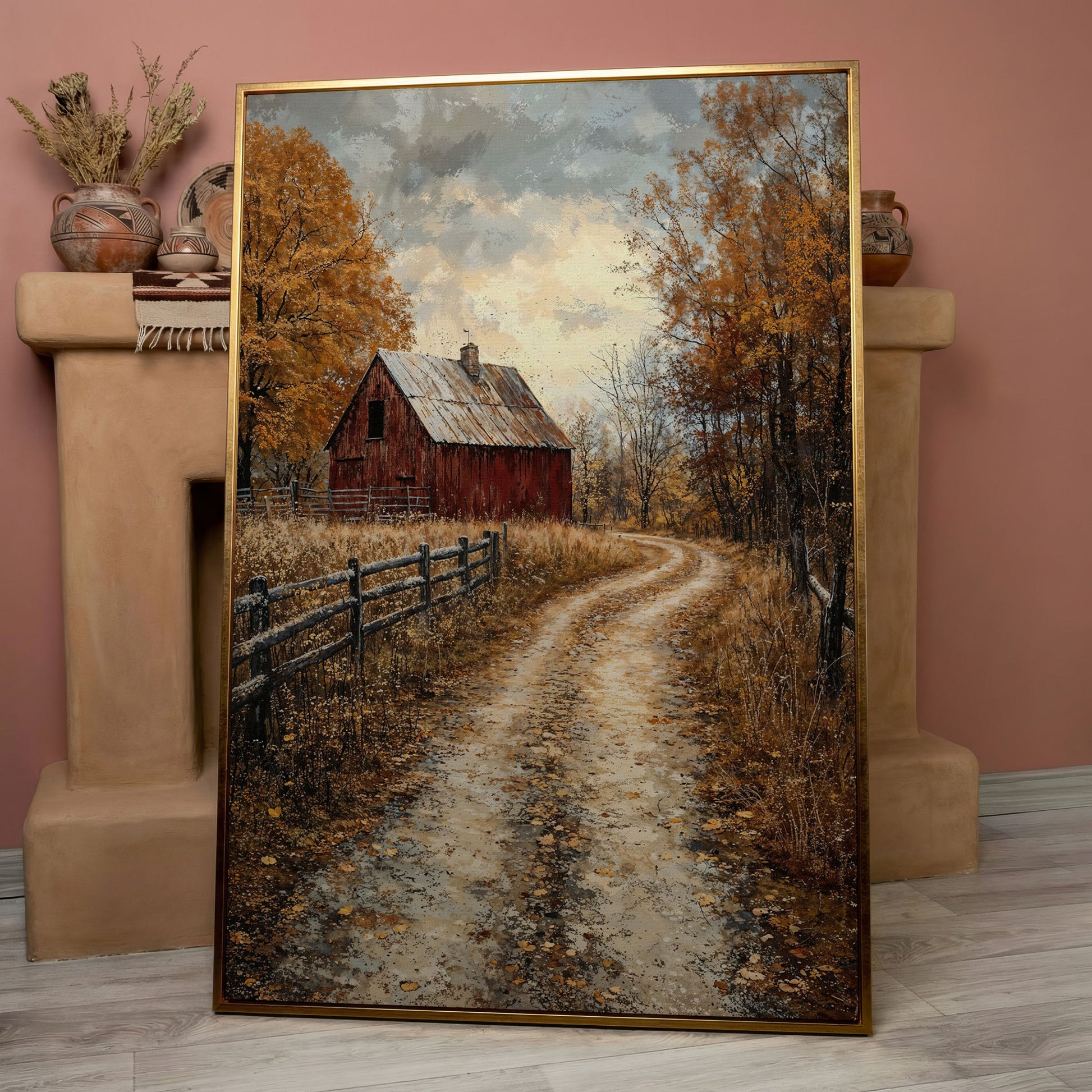 Red Barn and Pathway Canvas Print in Burnt Sienna in rose gold floating frame