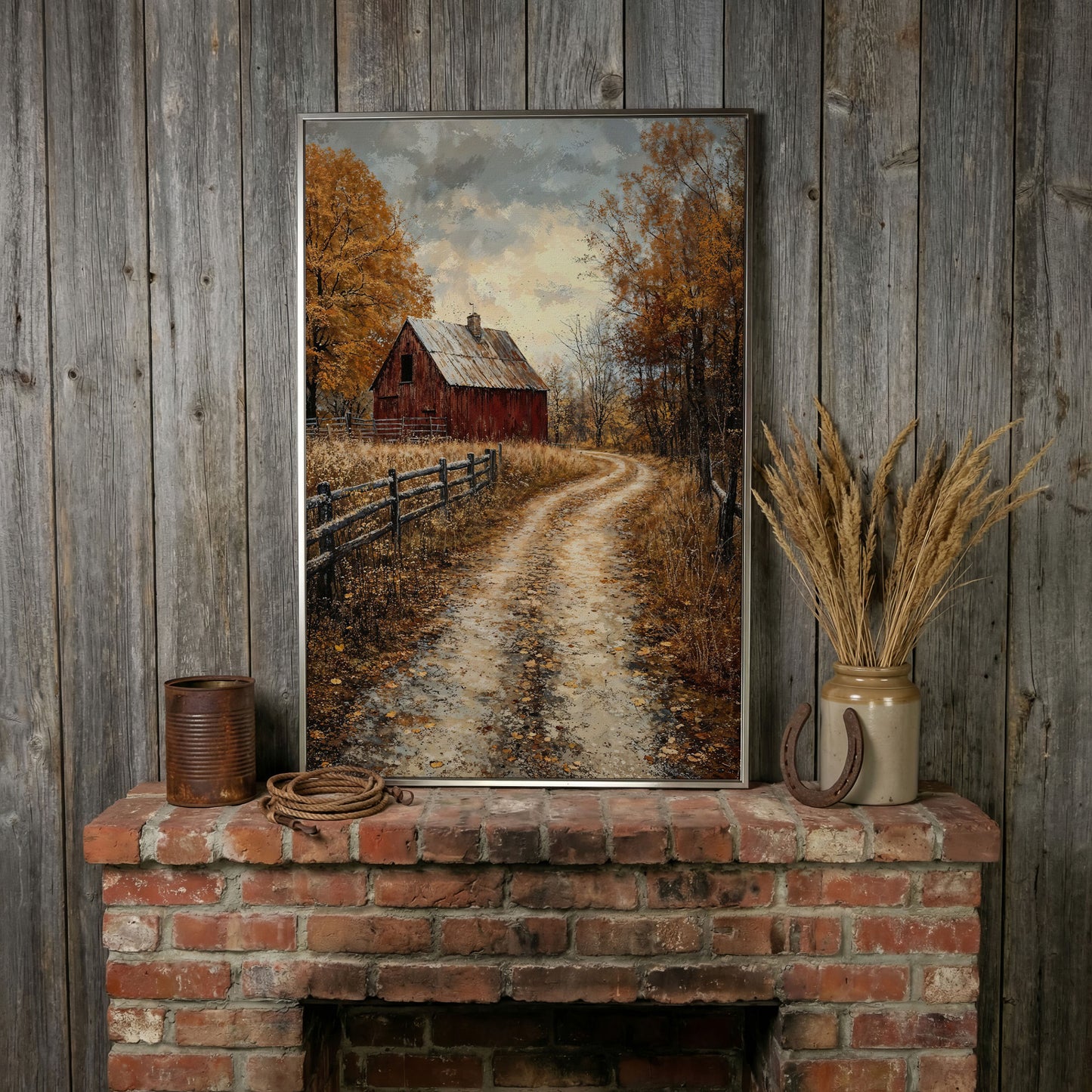 Red Barn and Pathway Canvas Print in Burnt Sienna in silver floating frame