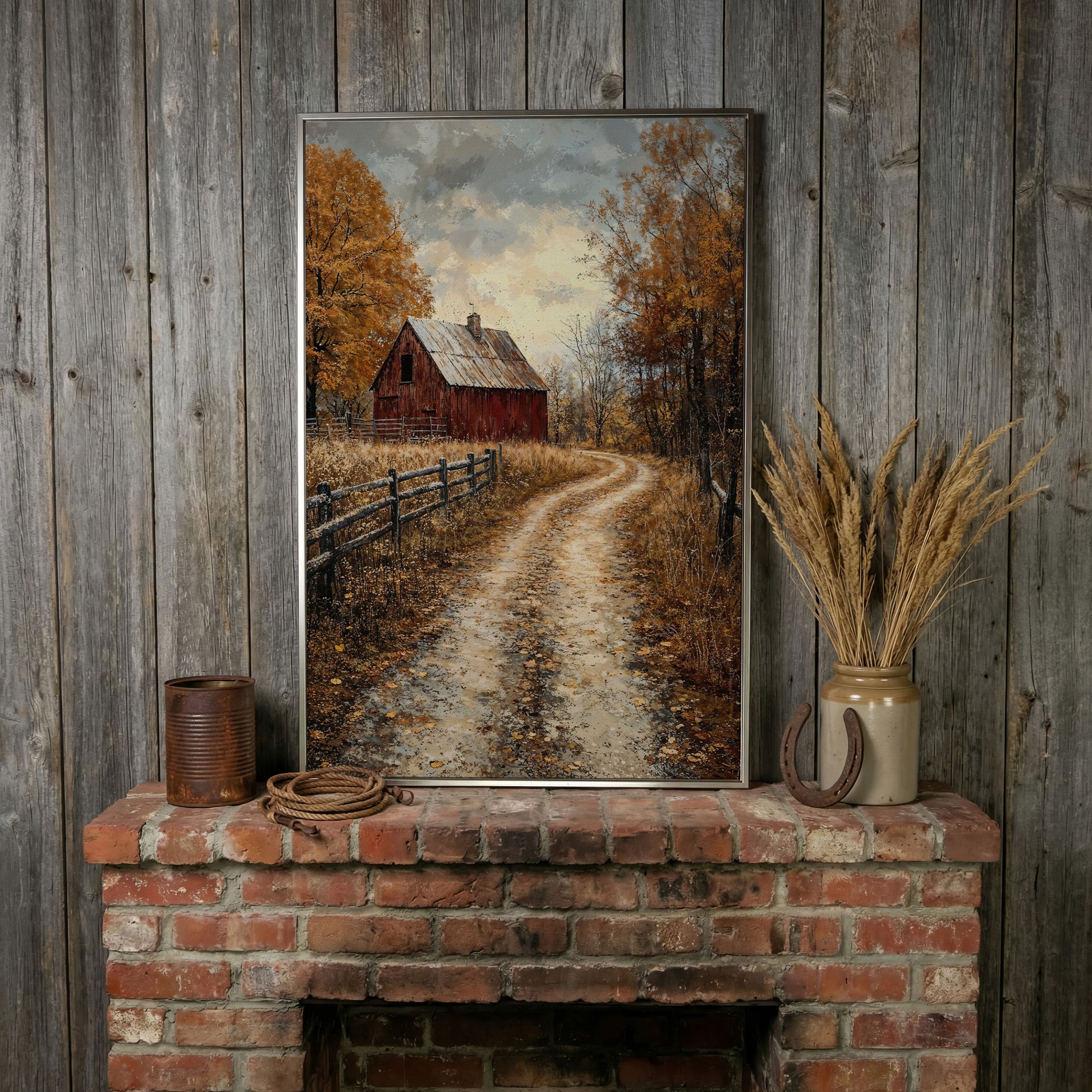 Red Barn and Pathway Canvas Print in Burnt Sienna in silver floating frame