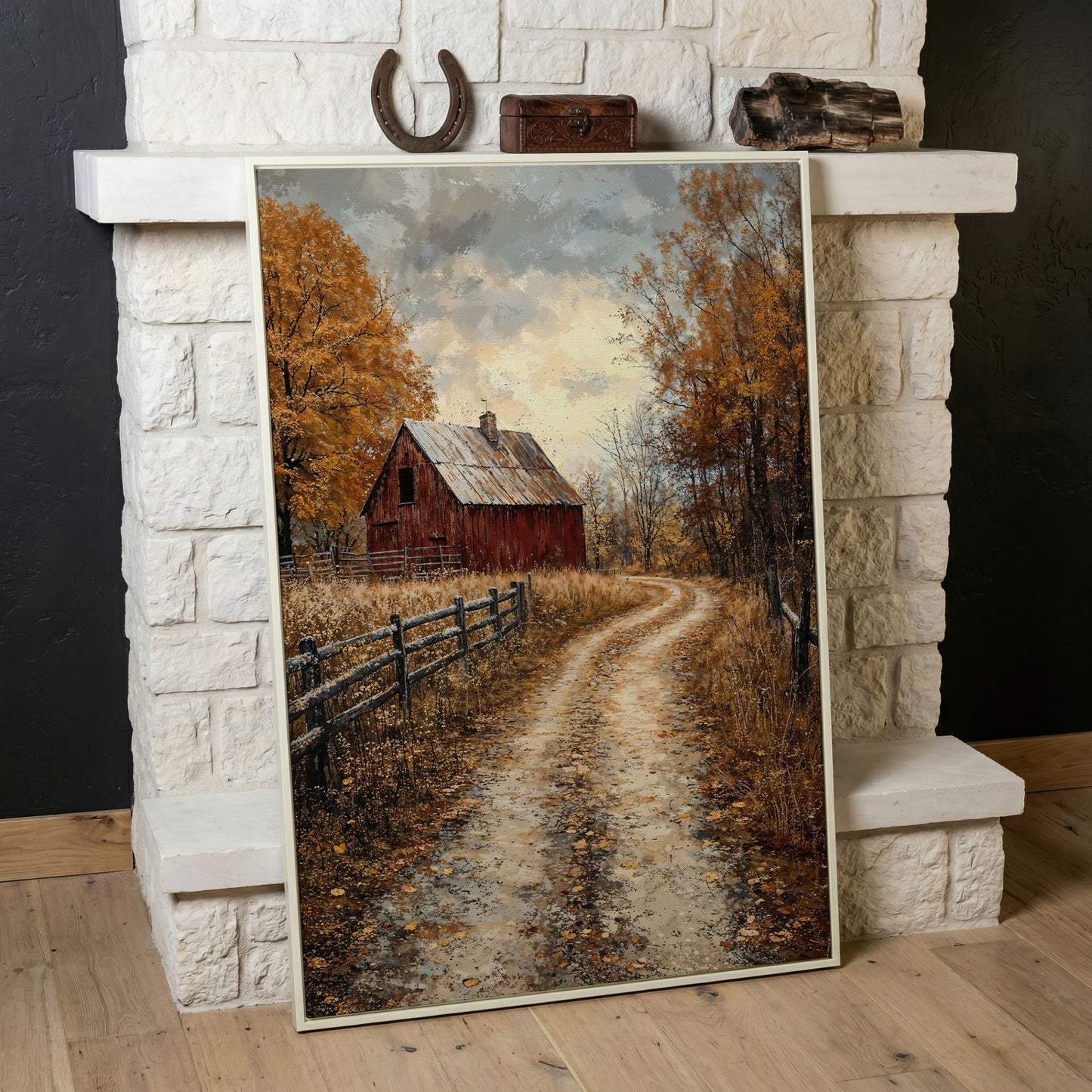 Red Barn and Pathway Canvas Print in Burnt Sienna in white floating frame