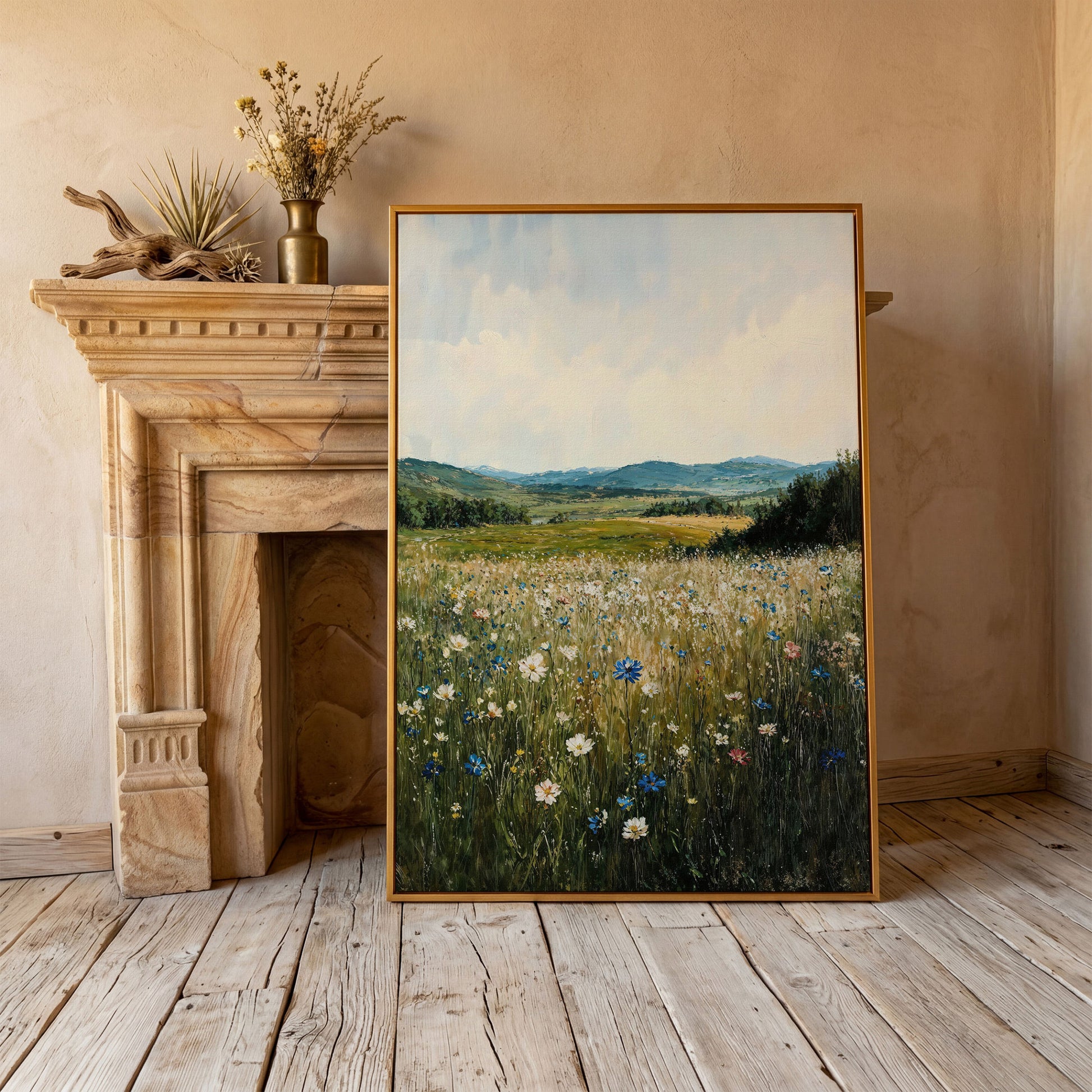 Wildflower Field Canvas Print, Sky Blue & Olive in antique gold floating frame