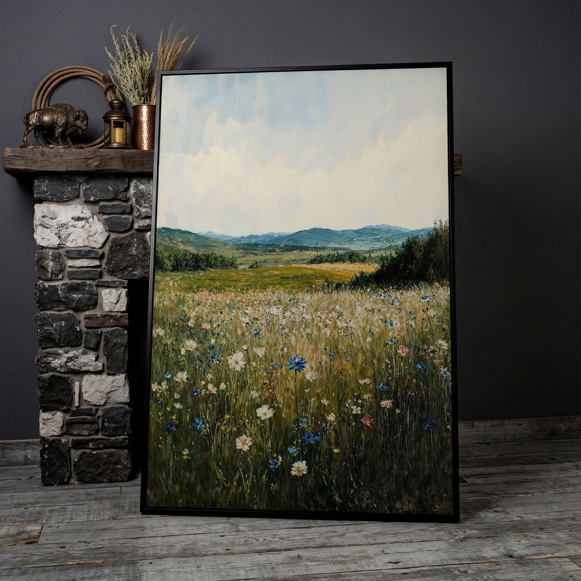 Wildflower Field Canvas Print, Sky Blue & Olive in black floating frame