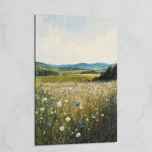 Wildflower Field Canvas Print, Sky Blue & Olive on gallery wrap