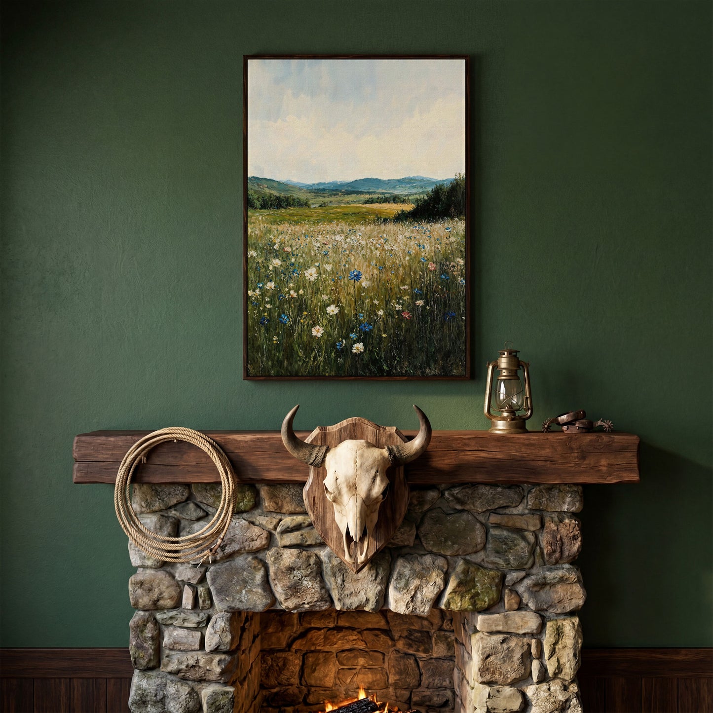 Wildflower Field Canvas Print, Sky Blue & Olive in dark walnut floating frame
