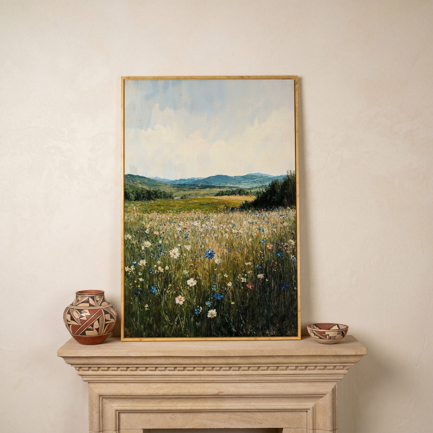 Wildflower Field Canvas Print, Sky Blue & Olive in white oak floating frame