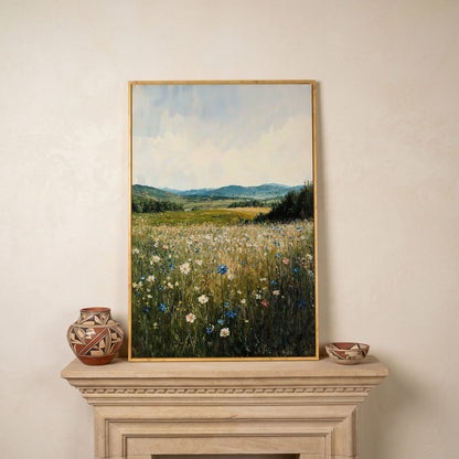 Wildflower Field Canvas Print, Sky Blue & Olive in white oak floating frame