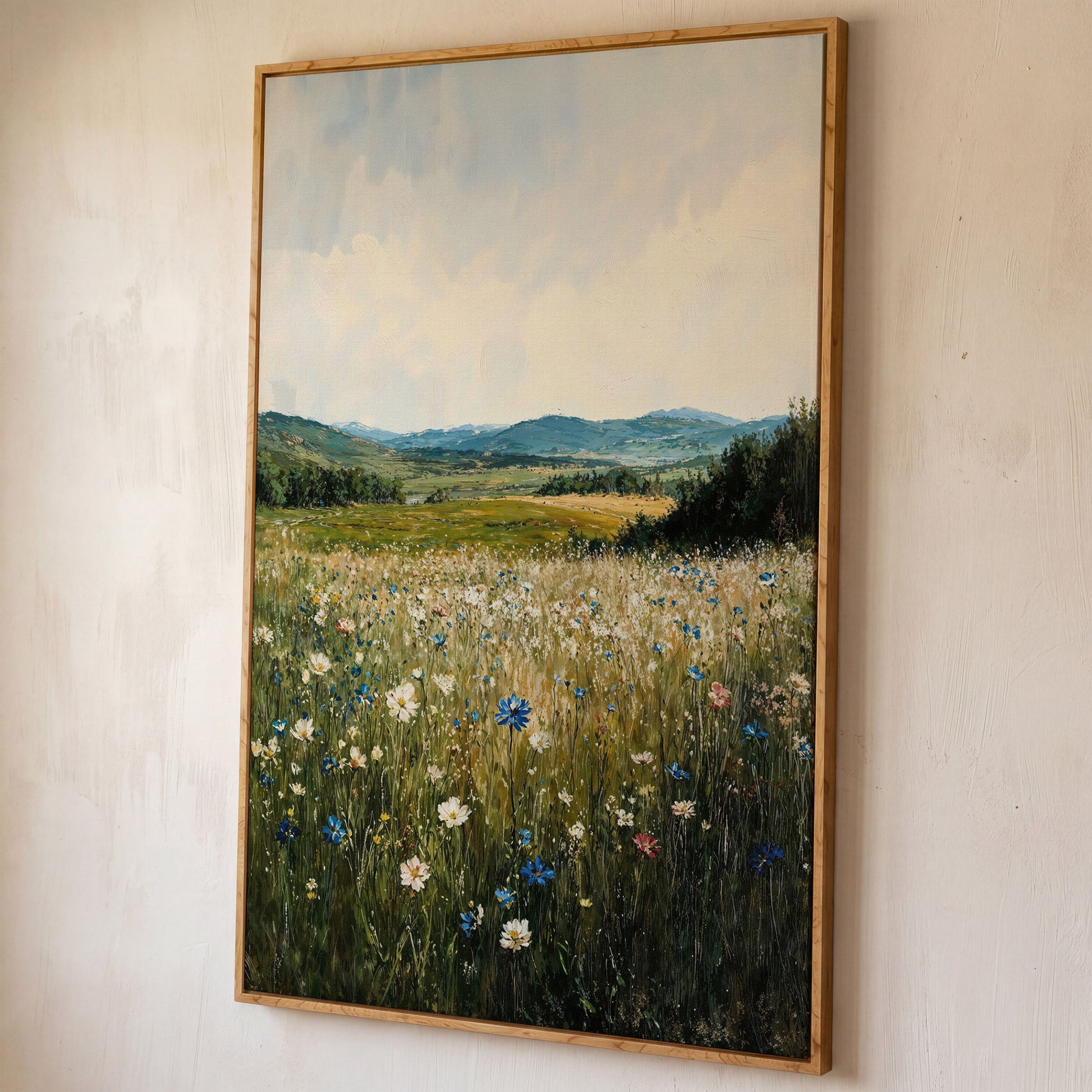 Wildflower Field Canvas Print, Sky Blue & Olive shown in white oak floating frame