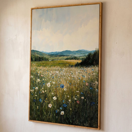 Wildflower Field Canvas Print, Sky Blue & Olive shown in white oak floating frame