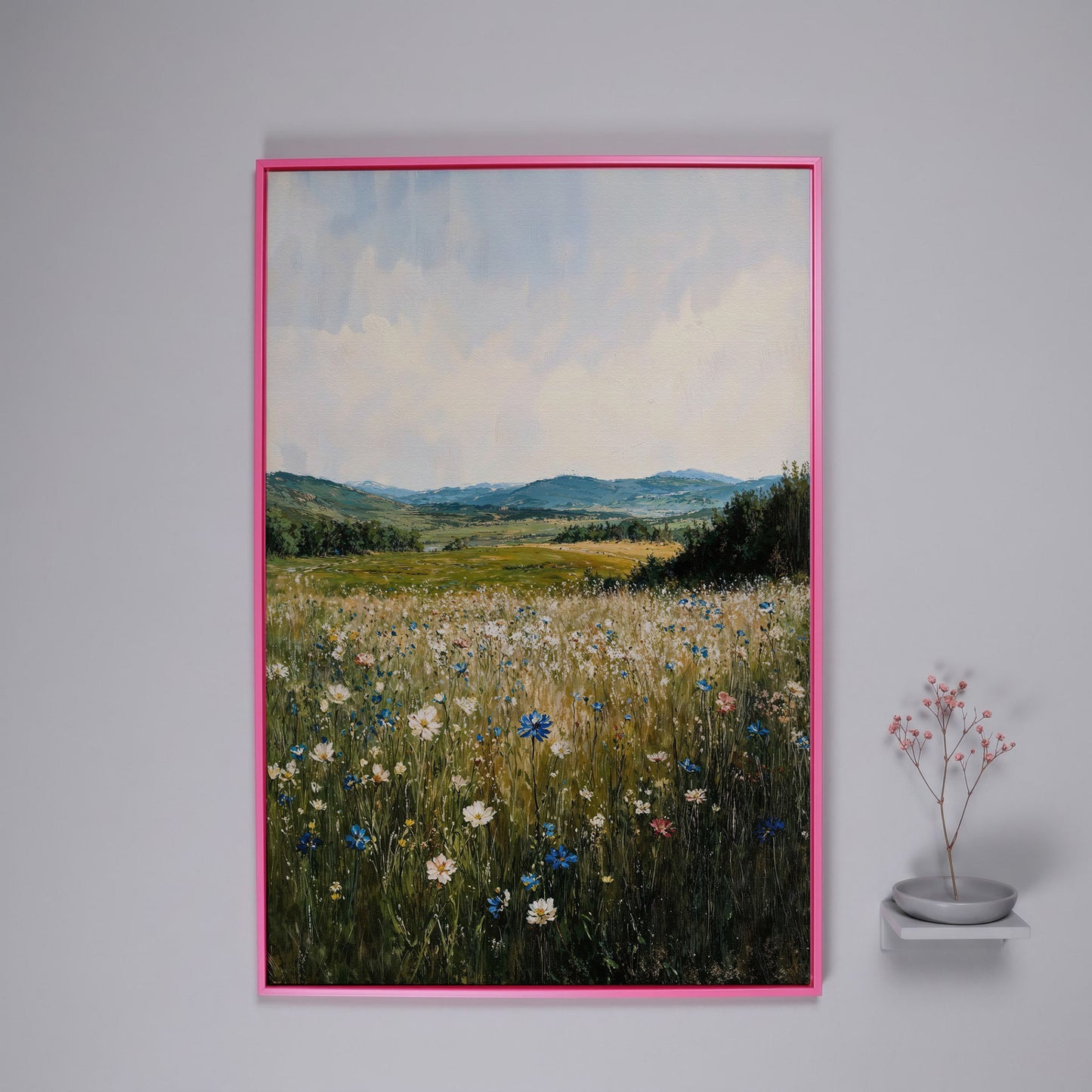 Wildflower Field Canvas Print, Sky Blue & Olive in pink floating frame