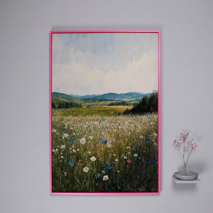 Wildflower Field Canvas Print, Sky Blue & Olive in pink floating frame