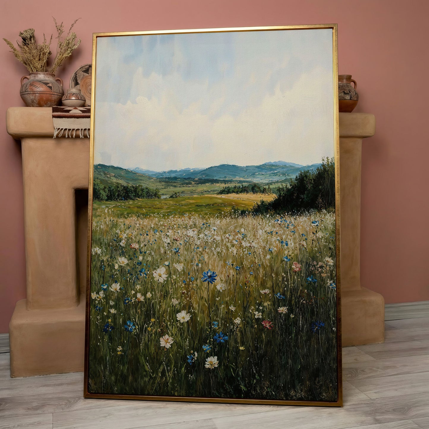 Wildflower Field Canvas Print, Sky Blue & Olive in rose gold floating frame