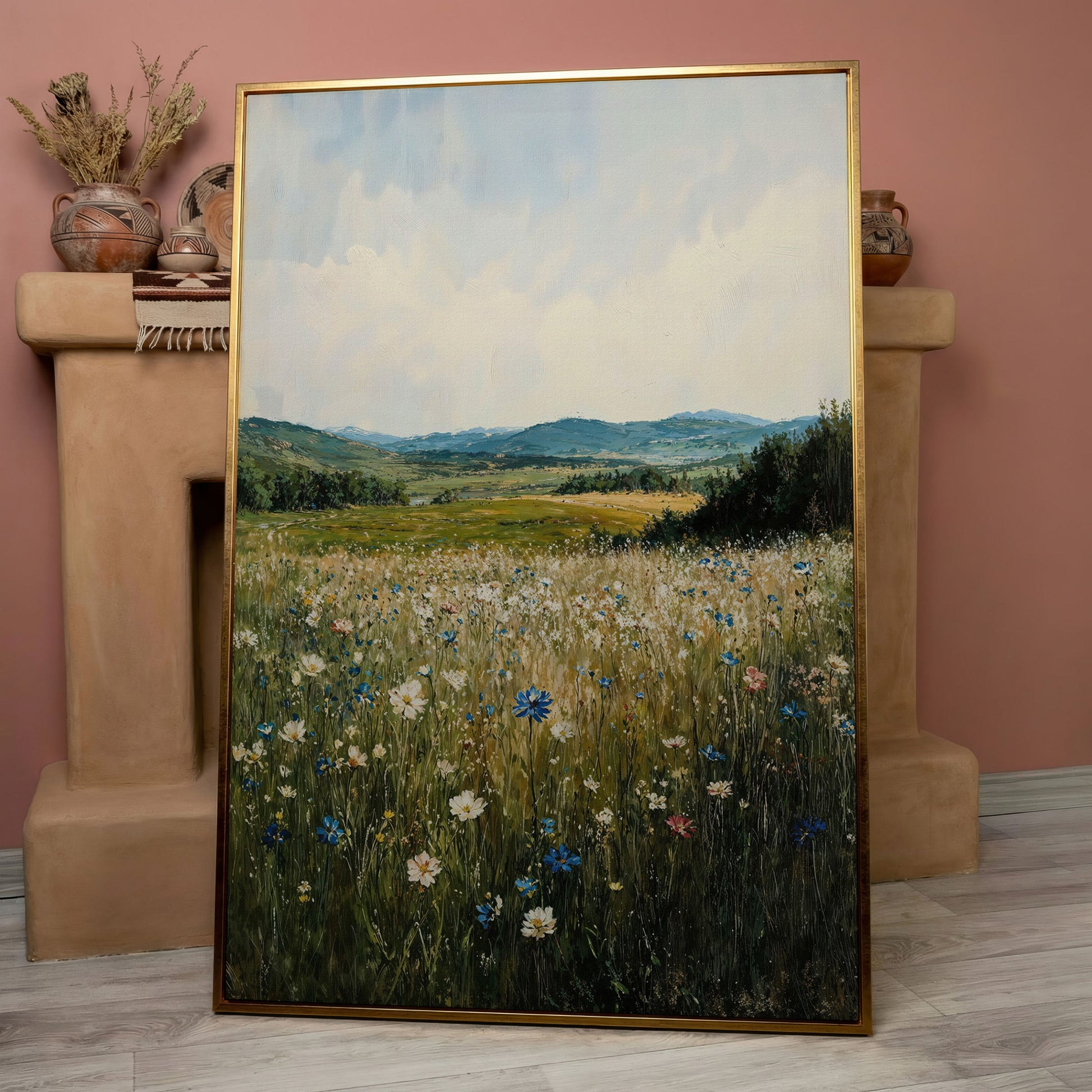Wildflower Field Canvas Print, Sky Blue & Olive in rose gold floating frame