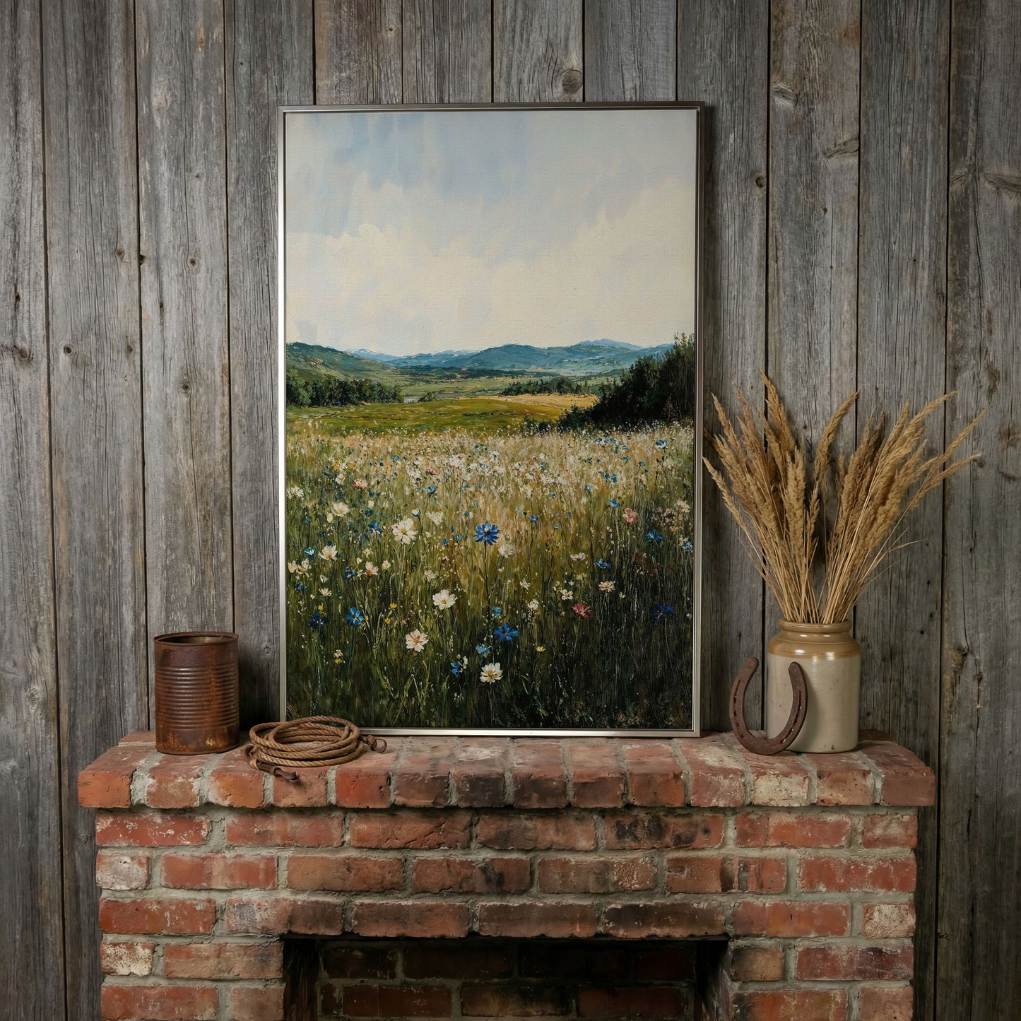 Wildflower Field Canvas Print, Sky Blue & Olive in silver floating frame